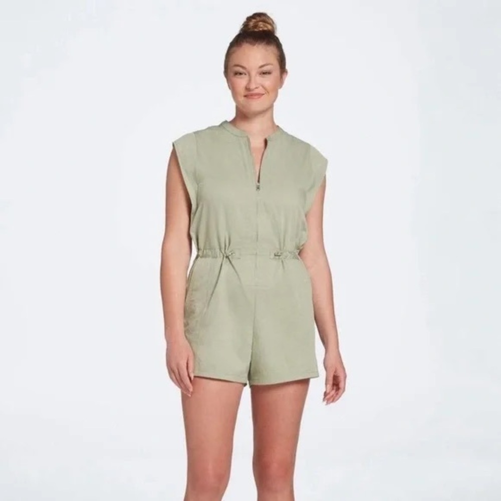 Calia Olive Utility Romper Medium Zip Front Sleeveless Cinch Waist Athleisure